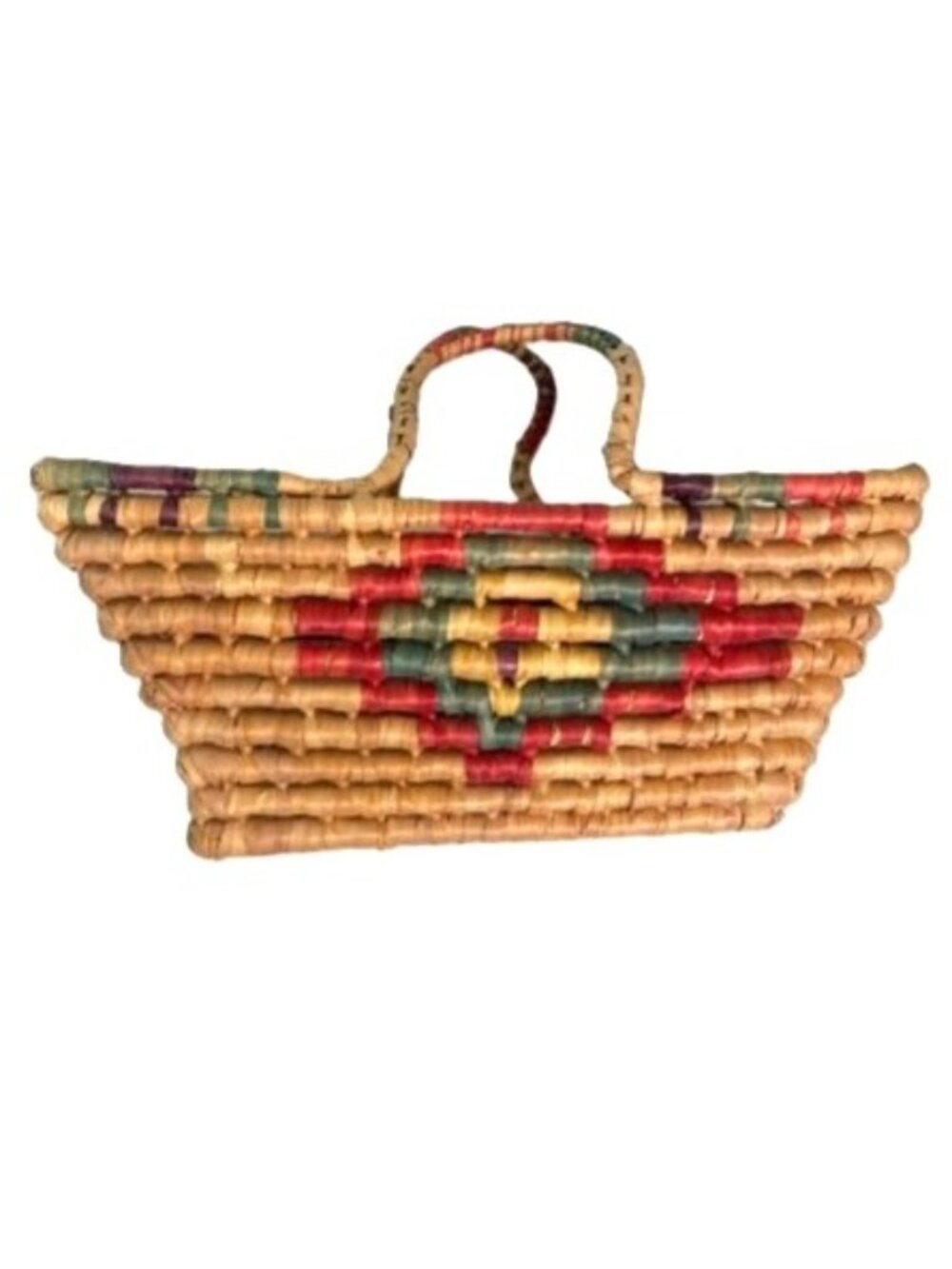 Vintage Woven Raffia Reed Basket Double Handle Southwest 15" x 7" Sewing Picnic